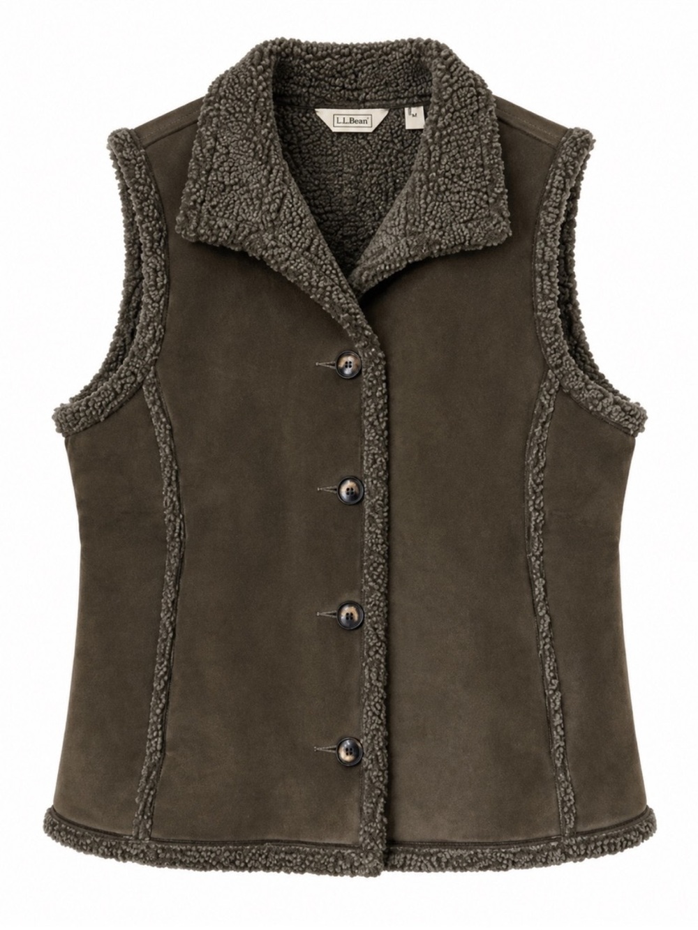 L.L. Bean Olive Shearling-Trim Button Vest